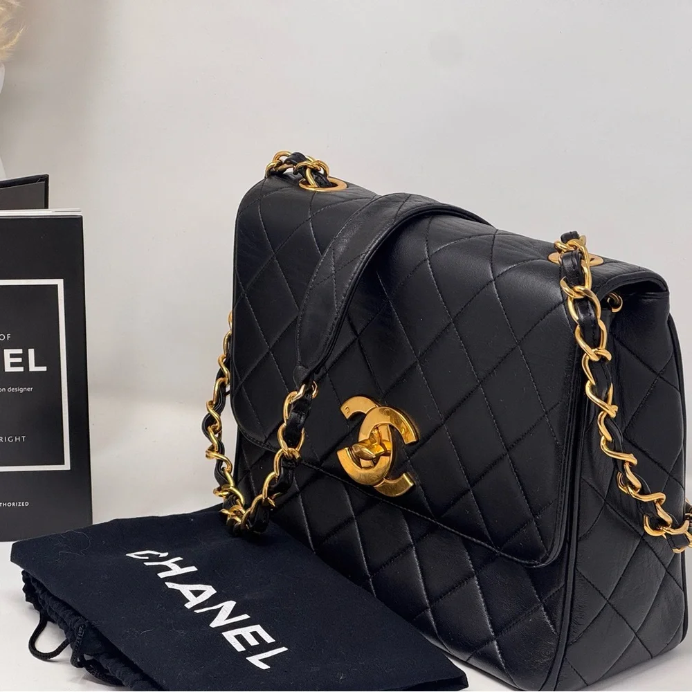 💯💎Authentic💎CHANEL Rare Black Lambskin XL CC Quilted Flap Bag 24k GP Hardware